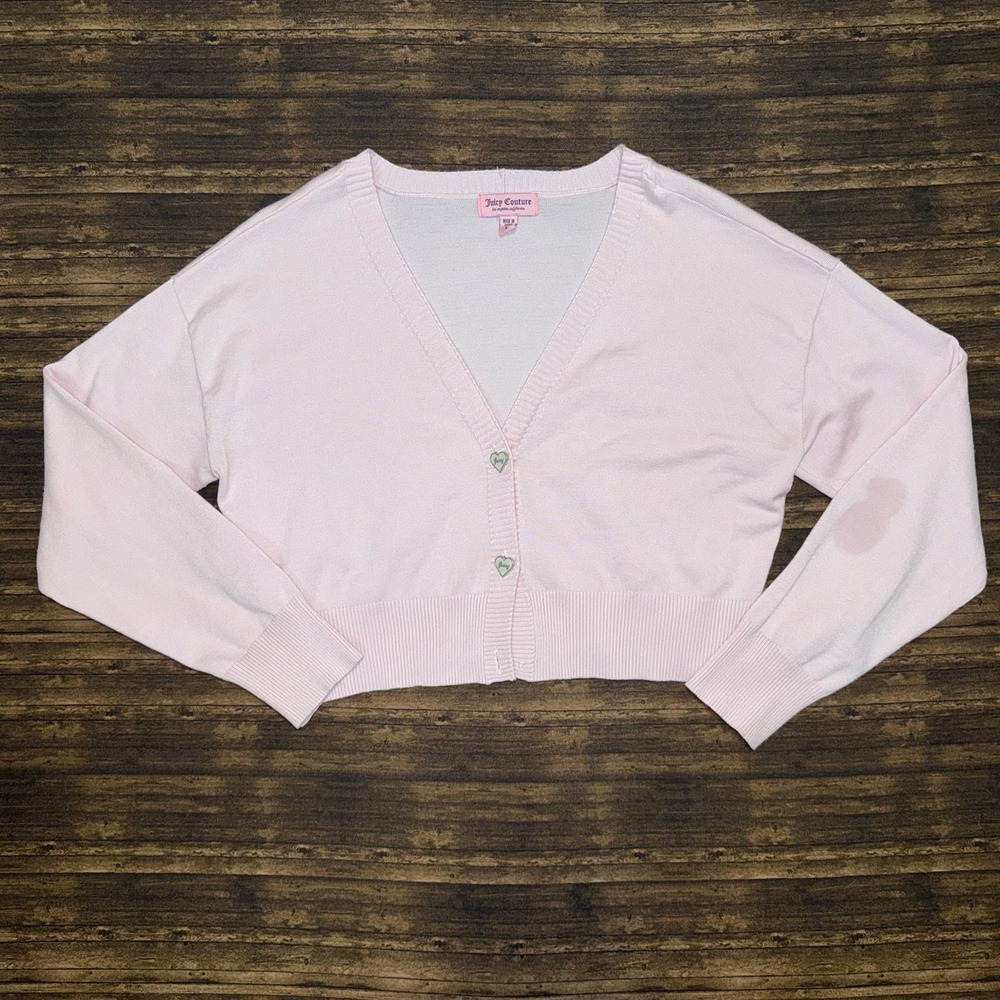Juicy Couture Cardigan Women L Pink Good Heart Button Cropped V Neck Knit Y2K